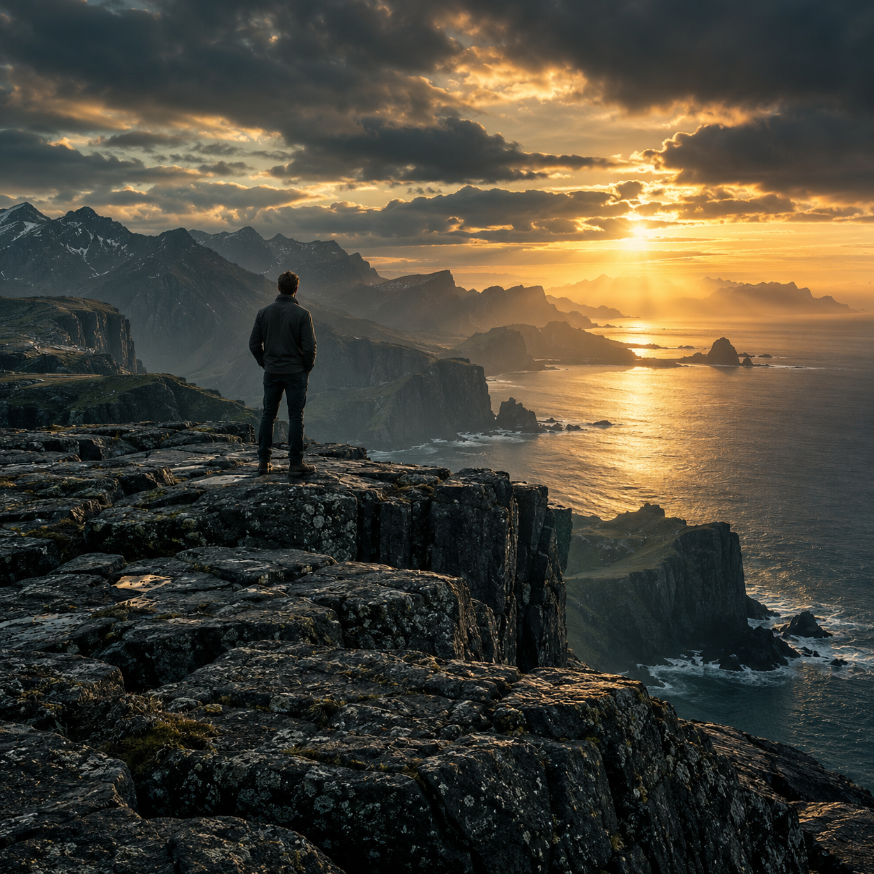 A man in a dark jacket standing on a broad basalt cliff, looking towards the golden coastal horizon