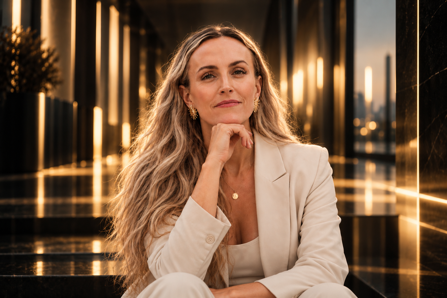 Dr Freya Savoy in a cream suit, seated against a warmly lit gold and black architectural background